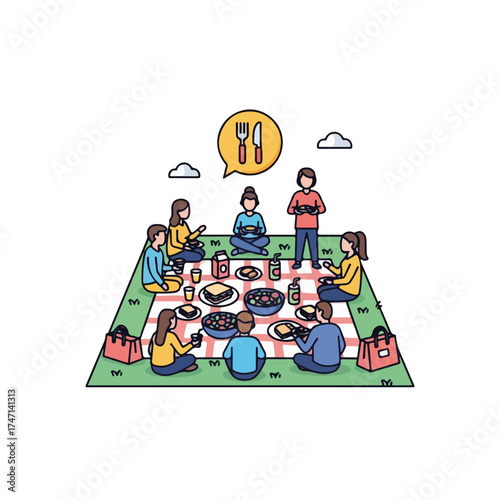 People having picnic together, sitting on checkered blanket with food and drinks, creates cheerful atmosphere. Picnic in open air involves friends or family members and helps to create strong bonds.