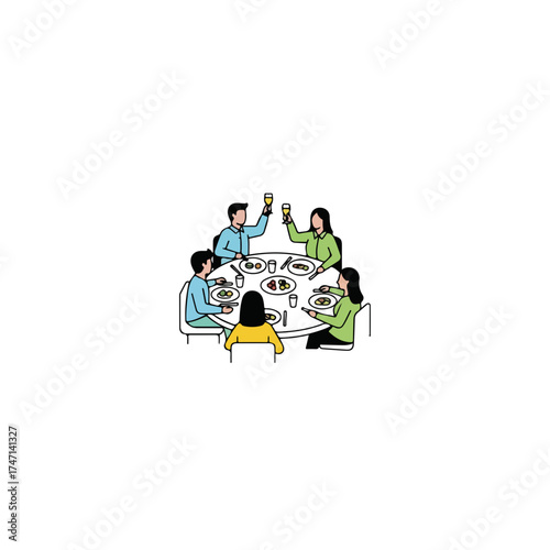 People at a round table sharing meal while toasting. People at round table, including men and women raising glasses in a celebratory toast, creating atmosphere of togetherness and joy.
