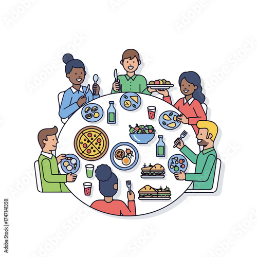 Group lunch illustration shows friends sharing food around round table. Group lunch includes pizza, salad, and other delicious dishes served family style. Enjoy group lunch for business team building.