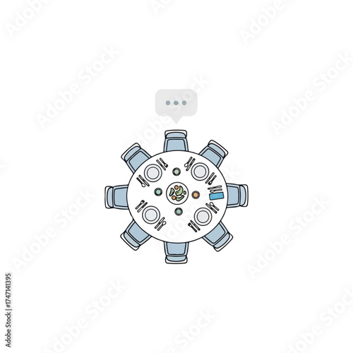 Round table setup with places settings, dinnerware, and chairs overhead. Round table concept for meeting or conference purposes, complete with salad centerpiece and space for eight people.