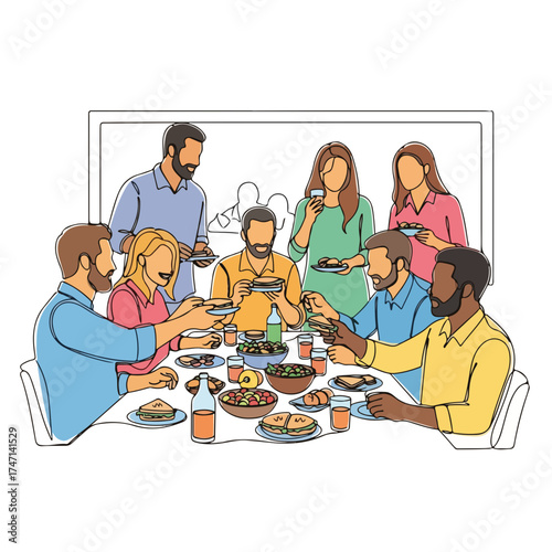 Business gathering around table eating food and socializing in modern workplace, colleagues engaging in conversation during lunch. Business lunch setup includes diverse team sharing meal in office.