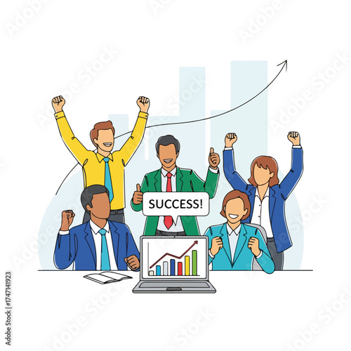 Successful team celebrates with a success concept and laptop showing rising graphs. Success is celebrated by happy colleagues with fists raised after a major achievement.