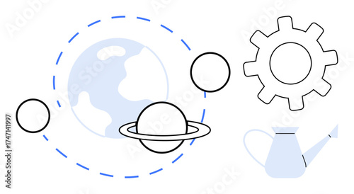 Earth encircled by orbit lines with planets, gear cog, and watering can. Ideal for sustainability, innovation, teamwork, science, environment growth and technology. Simple flat metaphor