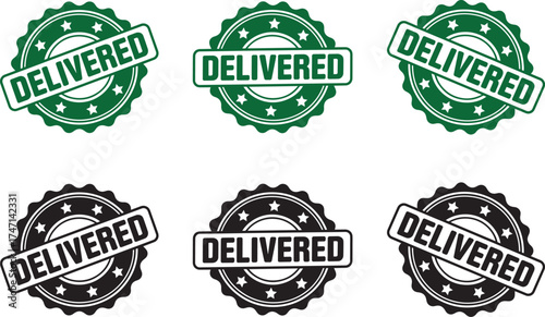 Delivered Badge Icon Set – Green and Black Shipping Label Vector Illustration