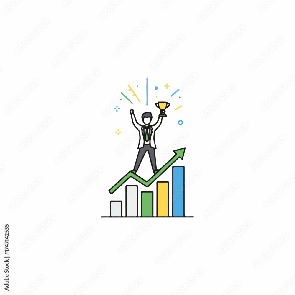 Obraz premium Standing on rising graph, celebrating victory with golden trophy shows business success. Business success, illustrated by rising chart with cheerful character holding gold cup.