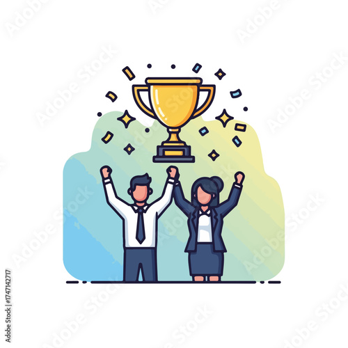 People with a trophy celebrate business success, with confetti and bright sparks. Business success requires hard work, dedication, and good leadership, as shown by this symbol of accomplishment.