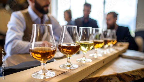Tasting session.  Glasses of amber, yellow, and pale liquor on a wooden tray.  Men in business attire gather around
