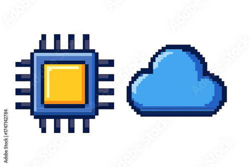 Pixel style processor chip and cloud computing icons, cartoon vector illustration with transparent background, digital technology, computer hardware and cloud storage symbols, tech concepts