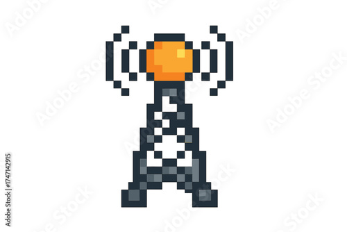 Pixel art style station tower icon with orange transmitter light, vector cartoon illustration of radio signal communication tower, transparent background, pixel graphic design element