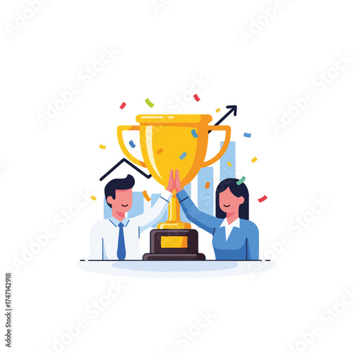 Business success is embodied in golden trophy held by colleagues in business attire, celebrating achievement. Business success requires cooperation and strategic planning, evident in rising graph.