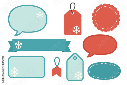 Winter speech bubbles, tags, labels, and stickers set with snowflake decorations for Christmas promotions and seasonal graphic compositions, perfect for festive text designs
