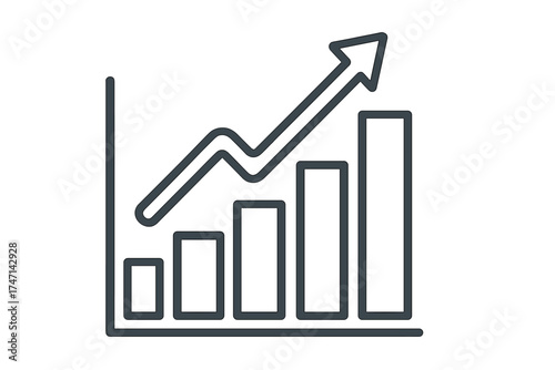 Statistic icon with growth symbol, linear style vector illustration showing rising bar chart with ascending arrow for business success and financial progress trends