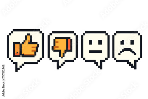 Pixel style speaking icon set with head symbol, thumb up and down, neutral and sad faces, transparent background, vector cartoon illustration, social media feedback concepts