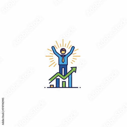 Celebrating business success with rising graph and happy figure, achievement. Business success showing cheerful stick figure and growth charts indicating increasing profits, and positive results.