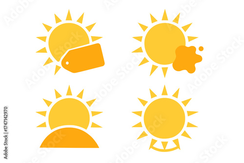 Vibrant Summer Sale Sun Icons, Vector Set for Print and Web Design, Bright Sunburst Illustrations with Transparent Backgrounds, Perfect for Banners and Advertising