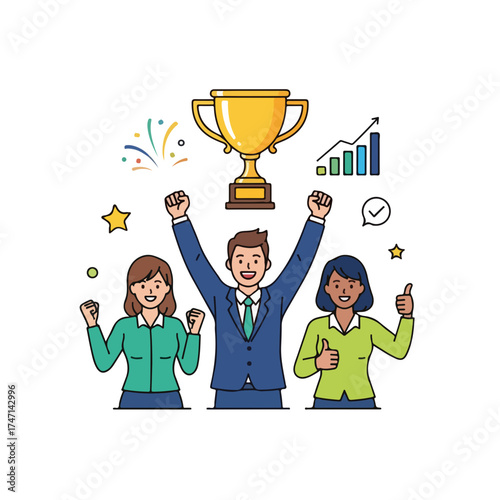 Business success shows team members celebrating with arms up and a trophy. Business success depends on corporate team with raised hands, and business graphs.