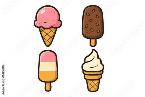 Watermelon ice cream icon set, flat style vector cartoon illustration, summer frozen dessert collection with transparent background, colorful popsicle and cone illustrations for desserts and sweets