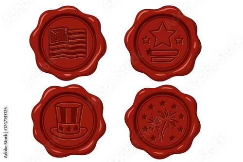American Independence Day 4th of July Wax Seal Set Vector Illustration with Stars, Flag, Uncle Sam Hat, and Fireworks Design in Red Vintage Style