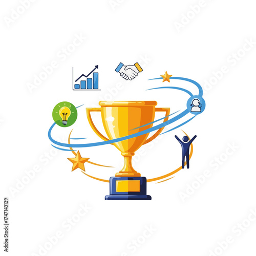 Golden trophy illustration depicting business achievements, a golden trophy signifying success. Decorative elements of growth chart and handshake emphasize business competition.