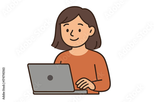 Woman character icon working on laptop flat style vector cartoon illustration with transparent background, digital technology, remote work, online communication, computer user, modern lifestyle