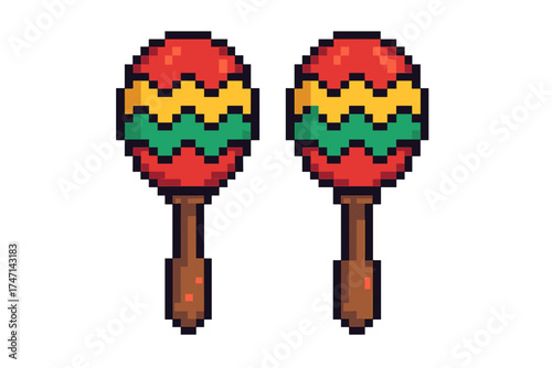 Pixel art maracas vector icon. Retro 8-bit game asset. Musical instrument for Mexican fiesta, Cinco de Mayo, or carnival. Latin percussion shaker symbol isolated.