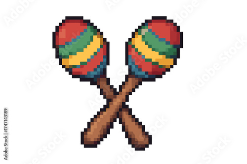 Maracas icon in pixel art style. Retro 8-bit gaming design element. Vector illustration of a musical instrument. Latin percussion shaker for salsa, rumba, fiesta, carnival.