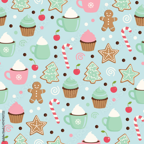 Christmas Pattern Vector. Seamless Bakery Christmas Pattern with Cookies, Cupcakes, Candy Canes, and Hot Chocolate Sweet Holiday Seamless Pattern Background.