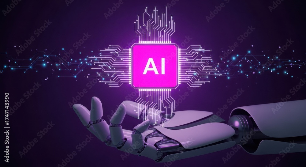 Obraz premium Robotic Hand Holding Glowing AI Processor Chip with Circuitry on Dark Background