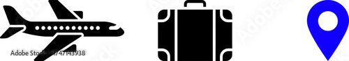 Travel icon set featuring airplane luggage and map pin simple flat vector design element for travel and tourism apps on transparent background
