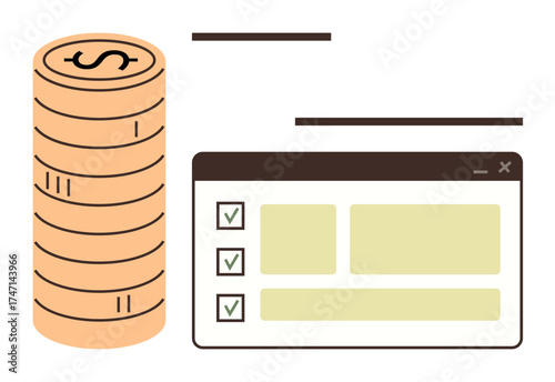 Stacked coins next to browser-thumbs up checklist interface with marked items. Ideal for finance, budgeting, goal setting, saving, financial planning, organization, simple flat metaphor