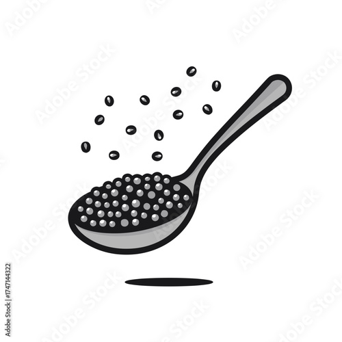 Spoon of black caviar, a delicacy with shiny eggs. Spoon of black caviar is perfect for celebrations. Delicious caviar tastes and melts in mouth.
