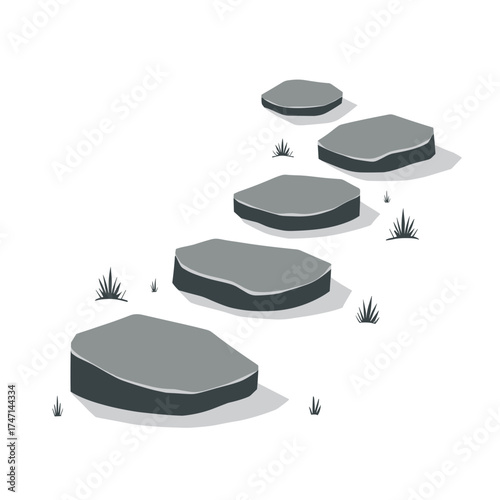 Isolated stepping stones path with green grass, illustration of outdoor walkway design. Isolated stepping stones, elements in perspective with gray shadows and details.