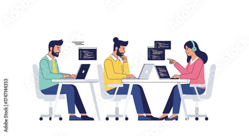 Illustration of diverse team collaborating on laptops in modern office setting with digital communication