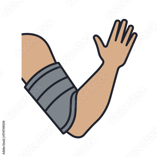 Isolated arm with elbow support for injury prevention is seen on a white background. Elbow support provides stability during exercise. Isolated arm, with simple design,