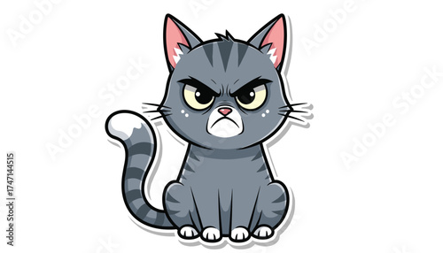 Vector art of an angry cartoon cat with grey fur and black stripes, sitting and looking grumpy