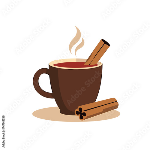 Isolated cup with cinnamon sticks for a warm beverage. Isolated beverage composition includes steaming cup of flavored liquid and cinnamon sticks as decoration.