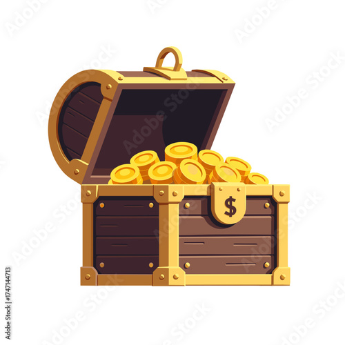 Depiction of a treasure chest filled with golden coins, treasure chest brimming with wealth and potential riches. Inside treasure chest, coins shine, suggesting fortune and discovery.