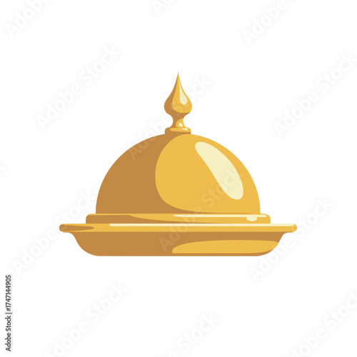 Isolated golden dish cloche with dome and shiny surface for serving hot meals. Isolated object features elegant golden color and simple design, perfect for serving food.