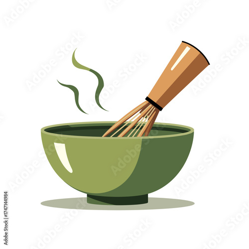 Preparing matcha in bowl with bamboo whisk, hot green tea. Matcha preparation setup includes traditional utensil and fragrant steam. Enjoying matcha in bowl is a soothing experience,