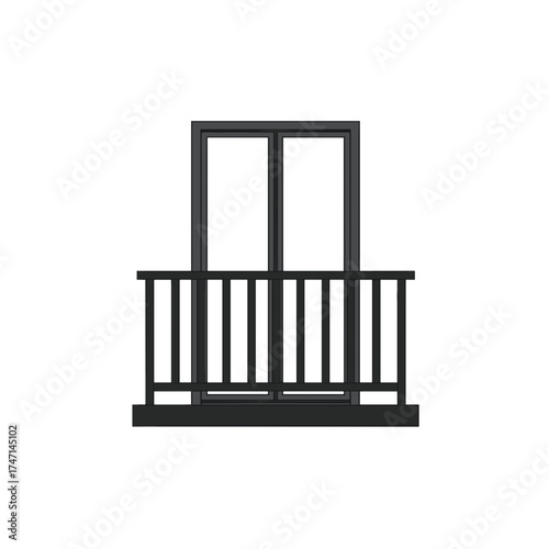 Simple balcony illustration, with black door and railing on white backdrop. Black balcony is a architectural element, featuring parallel bars, clean design and simple lines.