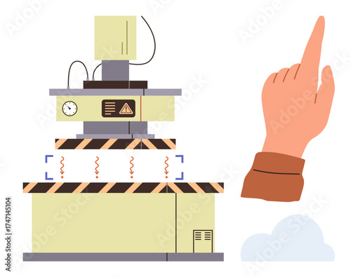 Mechanical apparatus with caution signs, a gesturing hand pointing upward, and a subtle cloud. Ideal for engineering, safety, industrial design, automation, precision, manufacturing simple flat