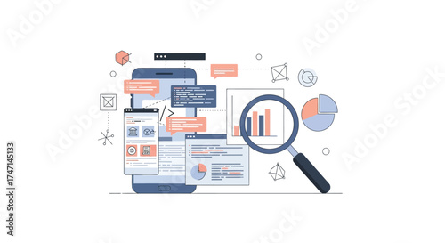 Illustration of digital marketing and data analytics concept with magnifying glass, charts, and mobile devices