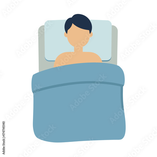 Sleeper lies on bed in bedroom resting peacefully. Sleeper with light blue bedspread and pillow is in complete relaxation. Showing Sleeper is isolated from other people.