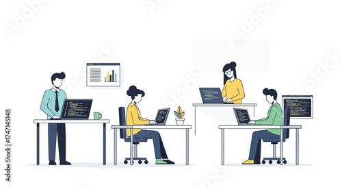 Illustration of team of software developers collaborating on coding projects in office environment