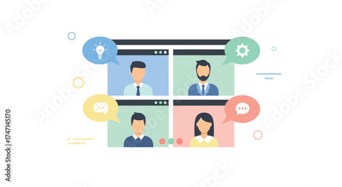 Illustration of video conference call with four participants in grid layout on digital screen interface