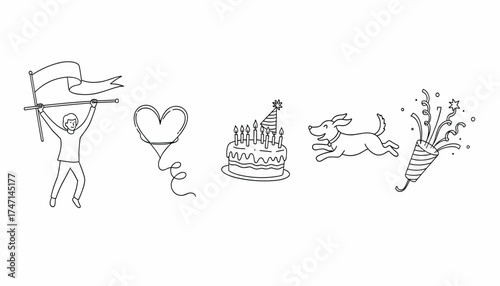 Vector art of collection of handdrawn doodle icons representing celebration and joy, including a person holding a flag, a heart balloon, a birthday cake, a running dog, and a party popper
