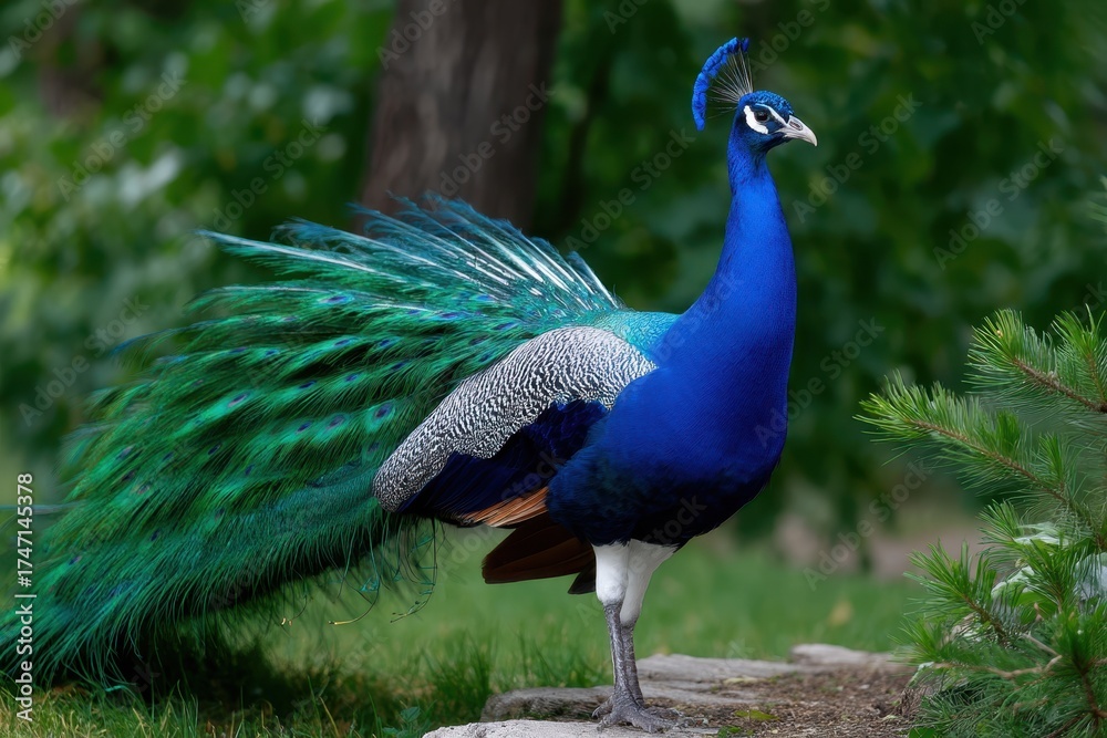 Fototapeta premium Vibrant peacock displaying its colorful feathers in a lush garden setting