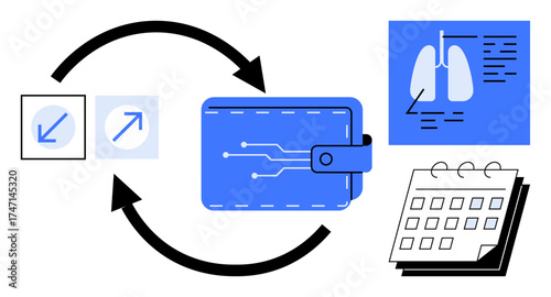 Digital wallet with circuit design, medical imaging screen, calendar, and flow arrows. Ideal for healthcare, finance, data exchange, scheduling, tech development electronic records simple flat