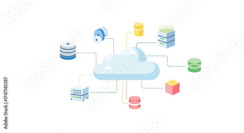 Illustration of modern cloud computing network with data storage and server infrastructure concept