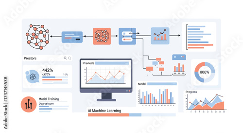 Illustration of data science and machine learning process flowchart with analytics and visualization elements